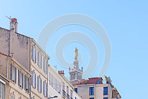 A scenics view of the Basilique Notre-Dame-de-la-Garde, la Bonne Mere gold statue, Marseille, bouches-du-rhone, France under ae