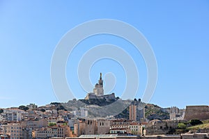 A scenics view of the Basilique Notre-Dame-de-la-Garde, la Bonne Mere, Marseille, bouches-du-rhÃ´ne, France under a majestic