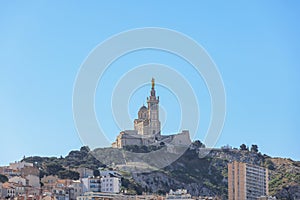 A scenics view of the Basilique Notre-Dame-de-la-Garde, la Bonne Mere, Marseille, bouches-du-rhÃ´ne, France under a majestic