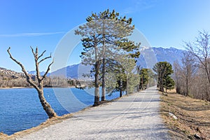 A scenics view of the Embrun, France lake path with snowy mountains range in the background under a majestic blue sky