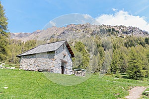 A scenics view of a mountain chapel (Chapelle des Seyeres) and cross surrounded by grass and pine trees