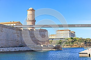 A scenics view of the tower and walking bridge of theMucem (Museum of European and Mediterranean Civilisations)