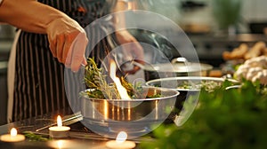 The scent of burning wax mixes with the aroma of freshly chopped herbs adding to the sensory experience of the candlelit photo