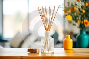 a scent diffuser with wooden sticks on a wooden table