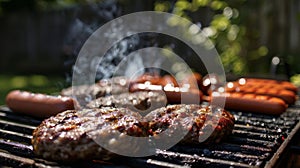 The scent of freshly grilled burgers and hot dogs wafting through the backyard making mouths water in anticipation photo