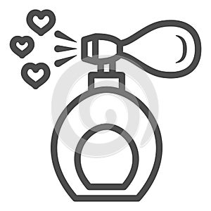 Scent of love from bottle line icon, Valentines Day concept, perfume bottle with hearts sign on white background, aroma