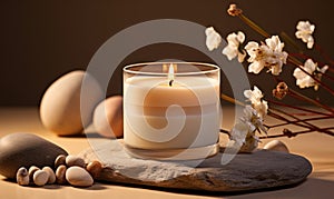 Scented Candle Burning Serenely with Dry Flowers and Smooth Pebbles Set on a Beige Table, Evoking a Sense of Calm and Mindfulness