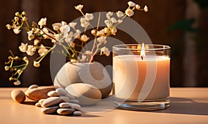 Scented Candle Burning Serenely with Dry Flowers and Smooth Pebbles Set on a Beige Table, Evoking a Sense of Calm and Mindfulness