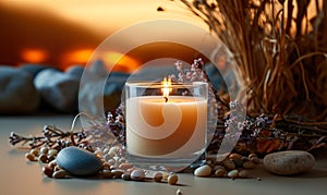 Scented Candle Burning Serenely with Dry Flowers and Smooth Pebbles Set on a Beige Table, Evoking a Sense of Calm and Mindfulness