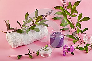 Scented candle for Spa and home with lavender scent and green leaves on a pink background