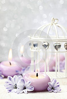 Scented candle and vintage birdcage among hyacinth flowers