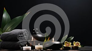 Scented candles and accessories for spa treatments on a dark background, Zen stones