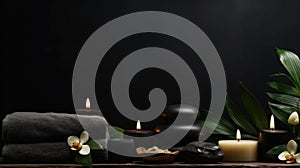 Scented candles and accessories for spa treatments on a dark background, Zen stones