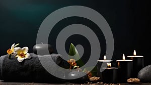 Scented candles and accessories for spa treatments on a dark background, Zen stones