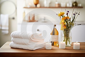 scented candles arranged around a folded white towel