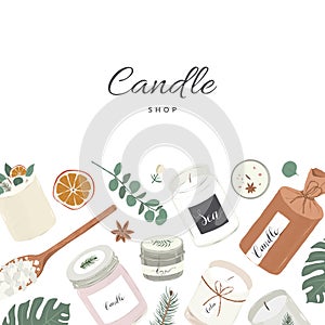 Scented candles card template, vector frame with copy space decorated with soy wax perfumed candles illustrations