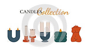 Scented candles. Decorative wax candles with wick fire different shapes, aroma therapy spa cartoon elements. Vector set