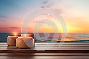 Scented candles with spa and flowers in a glass holder on a seaside table, space for text