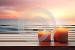 Scented candles with spa and flowers in a glass holder on a seaside table, space for text