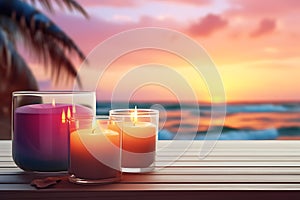 Scented candles with spa and flowers in a glass holder on a seaside table, space for text