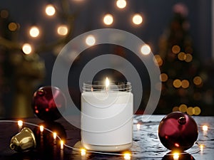 Scented glass lit candle mockup with bright lights unfocused in a Christmas scene
