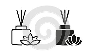 Scented Reed Diffuser Oil Silhouette and Line Icon. Aromatherapy Pictogram. Aroma and Fragrance Therapy Stick in Glass