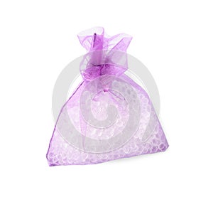 Scented sachet with aroma beads isolated on white, top view