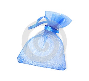 Scented sachet with aroma beads isolated on white, top view