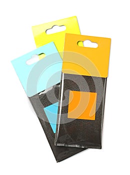 Scented sachets on white background, top view