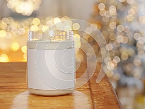 Scented soy candle mockup with bright lights unfocused and blank label space for personalization