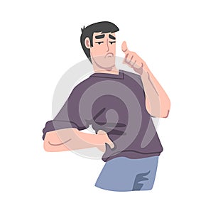 Sceptic Young Man Pointing with his Finger Cartoon Vector Illustration