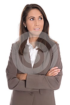 Sceptically isolated business woman in brown blazer looking side