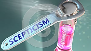 Scepticism open the way for happiness - shown as a happy bottle opened by Scepticism to symbolize the effect and impact of