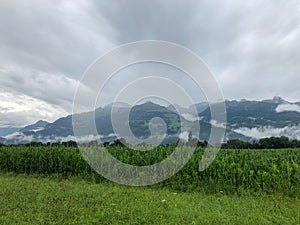 SCHAAN, LIECHTENSTEIN, AUGUST 4, 2021 Bad weather over a green field