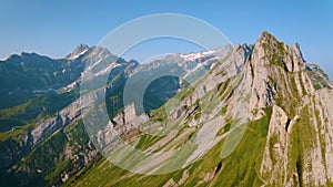 Schaefler Altenalptuerme mountain ridge swiss Alpstein alpine Appenzell Innerrhoden Switzerland, a steep ridge of the