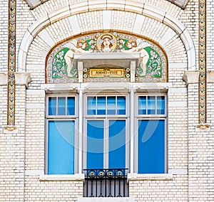 Schaerbeek, Brussels , Belgium -Detail of an art nouveau facade decorated with sgrafiti