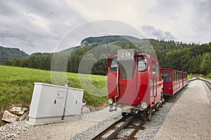 Schafberg cogwheel train. Old mountain vintage train in Salzburgerland. Austria