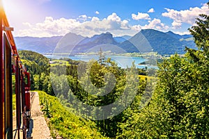 Schafbergbahn mountain train, Schafberg mountain, Salzkammergut region, Salzburg Land state, Austria. Journey to the top of Alps