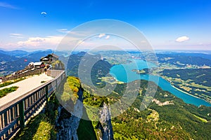 Schafberges aufgenommen, Mountain landscape in Salzkammergut, Upper Austria. View from Schafberg peak to Mondsee, Austria.