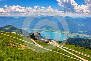 Schafberges aufgenommen, Mountain landscape in Salzkammergut, Upper Austria. View from Schafberg peak to Mondsee, Austria.