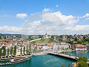 Aerial view of the Swiss old town Schaffhausen, with the medieval castle Munot