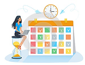 Schedule business calendar. Time management and tasks planning concept. Young businesswoman with laptop sitting on huge hourglass.