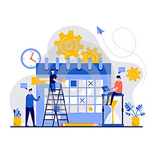 Schedule concept with tiny character. Business team plans the work of the company flat vector illustration. Calendar planning with