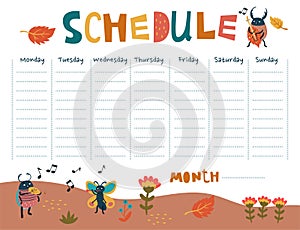Schedule with cute beetles musicians. Vector graphics