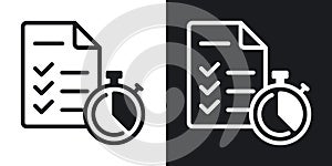 Schedule, scheduler or planner icon. To-do list or checklist and stopwatch. Simple two-tone vector illustration on black