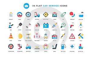 Scheduled diagnostics of vehicle and auto repair tools, car service trendy flat color icons set.