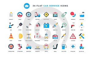 Scheduled diagnostics of vehicle and auto repair tools, car service trendy flat color icons set. photo