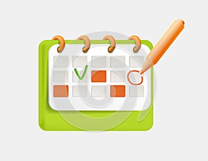 Scheduler icon on spiral with mark of successfully completed and upcoming tasks. Realistic 3D monthly calendar