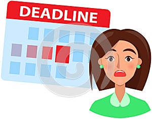 Scheduling time and timetable to deal with deadlines. Shocked face expression of scared lady