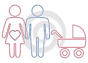 A schematic depiction of a hetero family couple man and woman with children, icon.
